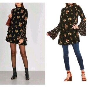 Free People Tate Printed Tunic Dress Black Floral S Tie Neck Pockets E12.1